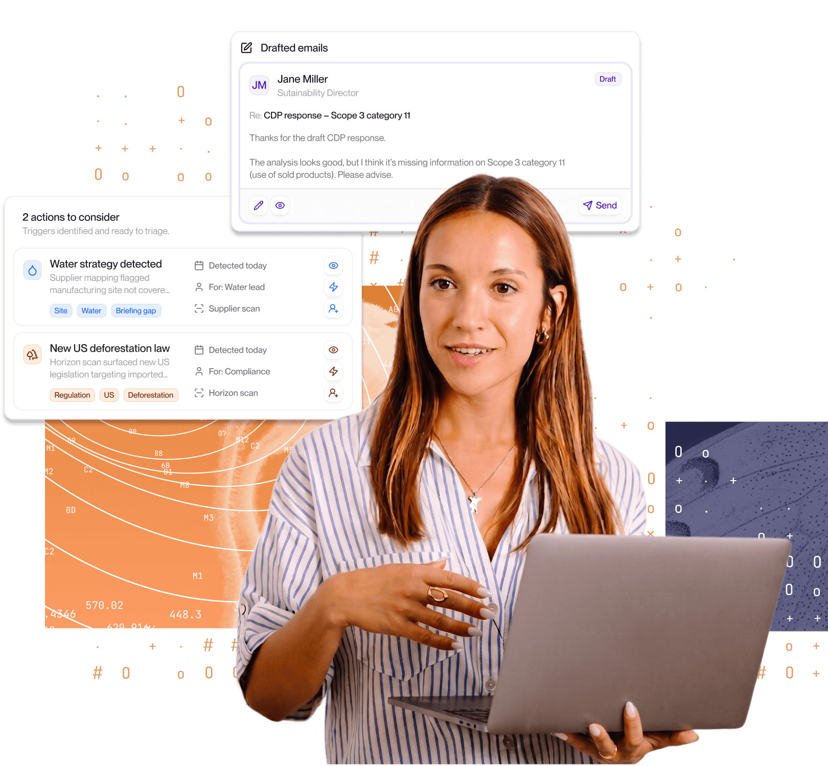 Annwn product preview: drafted CDP emails and detected actions surfaced for a sustainability lead